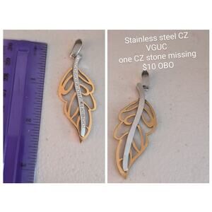Cubic Zirconia Accent Feather Pendant Stainless Steel